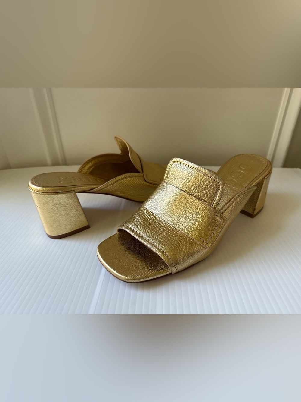 Pedro Garcia Gold Leather Block Heel Slide Sandals - Women